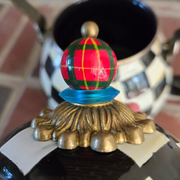 MacKenzie-Childs Courtly Check Black & White Enamel Tea Kettle Blue Green Red - Picture 10 of 16